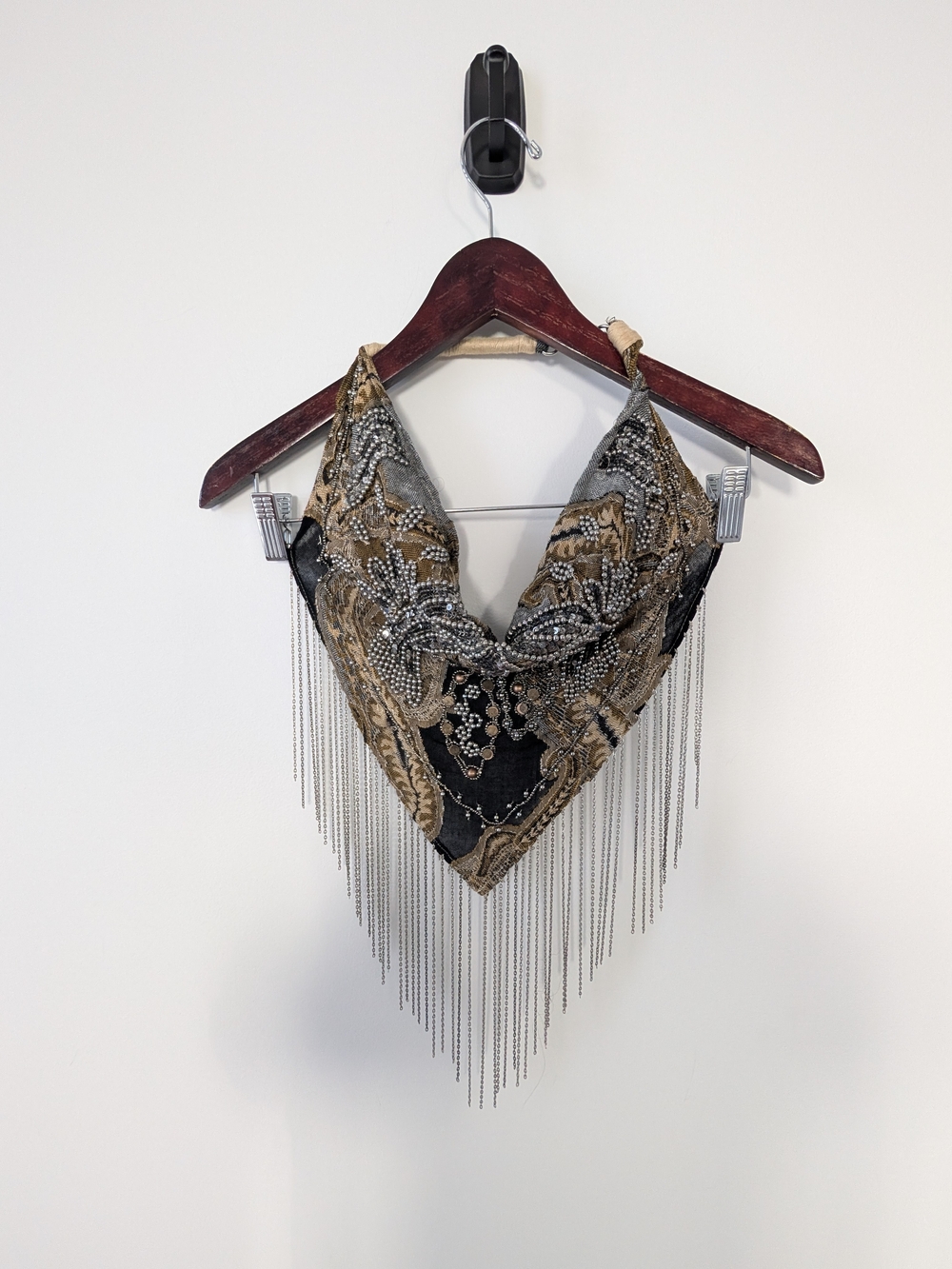 Embellished Black and Gold Fringe Scarf Top